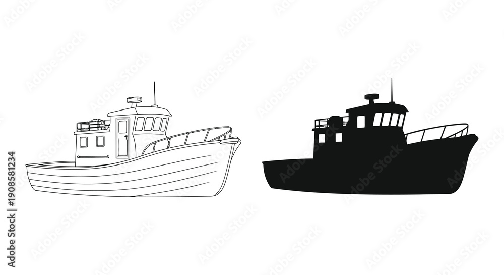 Obraz premium A detailed illustration depicts two fishing boats one outlined and one as a striking black silhouette high quality professional modern elegant