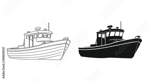 Two detailed depictions of a fishing boat are presented one in line art and the other as a solid silhouette