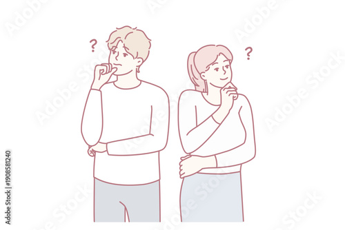 Man and woman look in different directions and scratch their chins thinking about anniversary gift. Guy and girl dream together or come up with idea to brainstorm together. Flat vector image