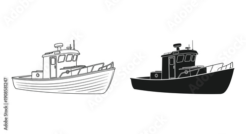 Two depictions of a small working boat one in line art and one as a solid black shape silhouette high quality