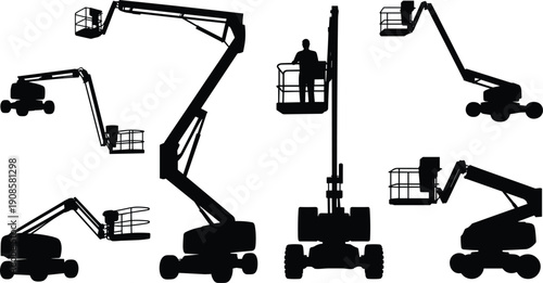 Silhouette set of articulated and telescopic boom lifts with worker in aerial platform, mobile elevating work equipment for construction, maintenance, repair and industrial access.