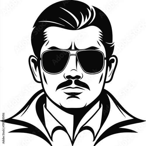Monochrome Portrait of Man with Aviator Sunglasses, Moustache, & Open Collar Shirt