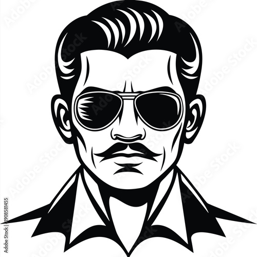 Bold Black Silhouette Portrait Man with Mustache, Sunglasses, & Shirt Collar Design