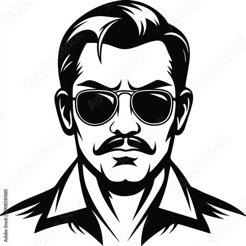 Monochrome Portrait Man with Sunglasses, Mustache, Shirt Black and White