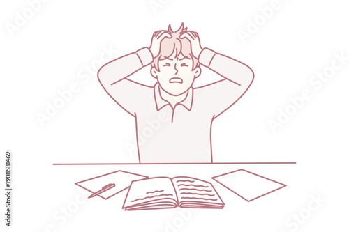 Angry man clutching head sitting at table with workbooks suffering from nervous work or impossible deadlines. Young guy student chafe after made mistake during learning. Flat vector illustration