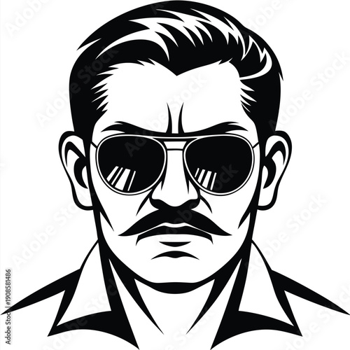 Monochrome Headshot of Man with Sunglasses and Moustache in Line Art Style