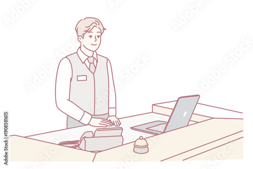 Man working as receptionist in hotel or restaurant stands behind counter with laptop and phone. Happy guy in work suit with badge is waiting for arrival of guests and clients. Flat vector image