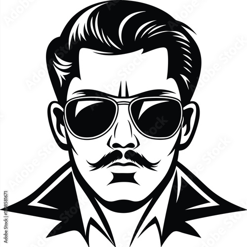 Black and White Portrait of Mature Stylish Man with Sunglasses and a Mustache