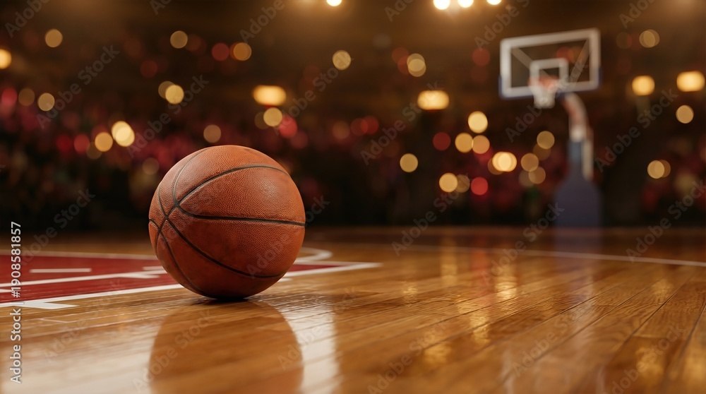 Naklejka premium Basketball resting on polished wooden court with blurred background of a basketball hoop and crowd lights creating an energetic atmosphere for sports enthusiasts and fans