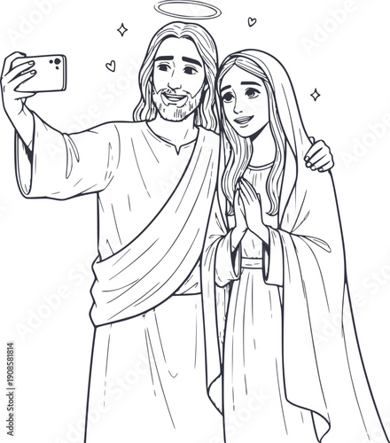 modern illustration of jesus christ and mother mary taking a selfie photo with a mobile phone black fill hand drawn style without white fills for easy editing