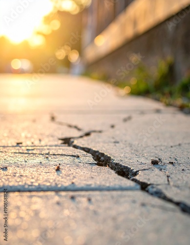 Macro view of deep cracks in a concrete sidewalk at sunset with urban city background