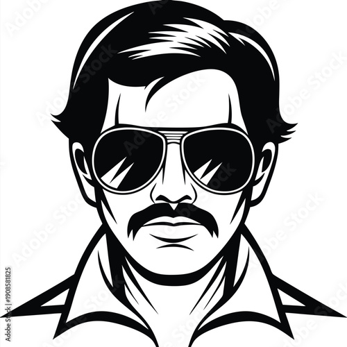 Bold Black & White Portrait Mustachioed Man with Sunglasses, Retro Vibe, Isolated