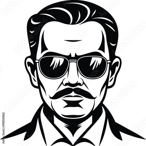 Stylized Silhouette Portrait of Caucasian Man with Moustache and Sunglasses