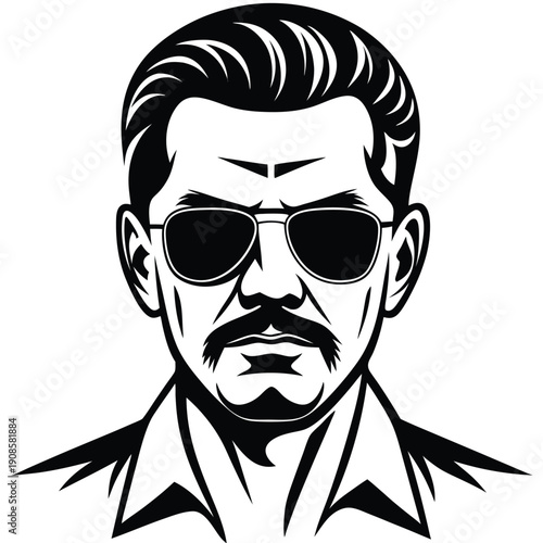 Monochrome Portrait Stylish Man with Sunglasses and Moustache in Black and White