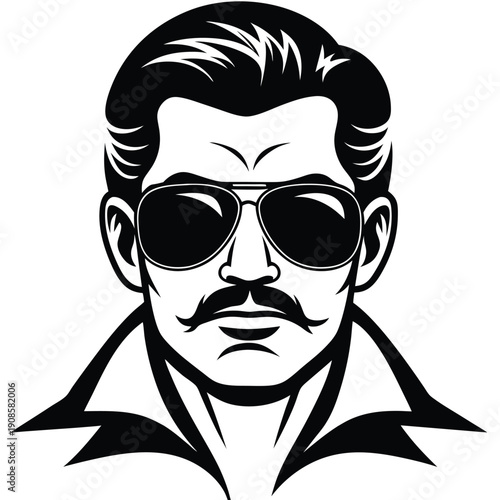 Monochrome Silhouette Portrait Stylish Man with Sunglasses and Moustache Detail