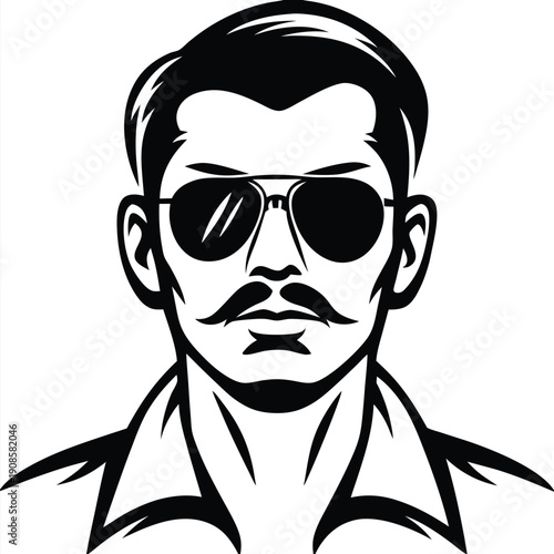 Silhouette of Mature Man Wearing Sunglasses with Mustache and Open Shirt Collar