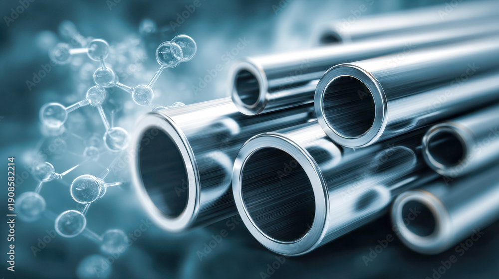 Fototapeta premium Shiny metallic tubes clustered together with a molecular structure illustration in the background symbolizing industrial chemistry and material science concepts