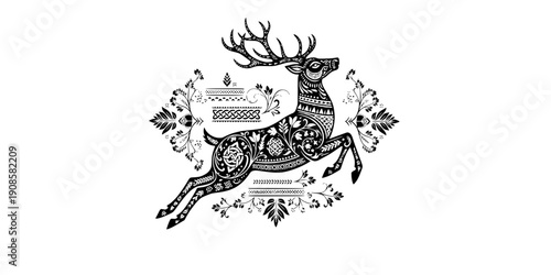 Modern folk art deer silhouette with floral ornaments, scandinavian style animal nature vector, traditional nordic ethnic motif for contemporary branding