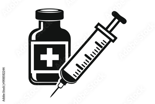 Black Silhouette Vial and Syringe. Vaccine, Healthcare, Medical Equipment, Injection