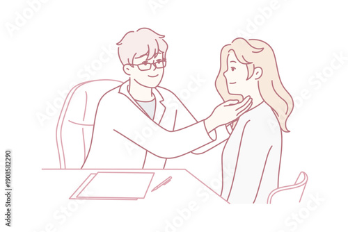Man doctor examines woman applied to clinic with sore throat or bronchitis. Therapist in white coat sits at table holding out hands to girl patient in need treatment or medication. Flat vector design