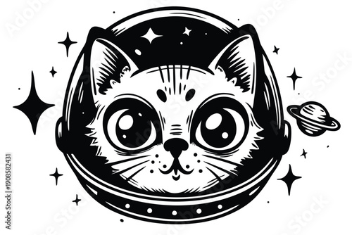 Cute Cat in Space Helmet, Cartoon Black and White Illustration, Cosmos, Stars, Planet