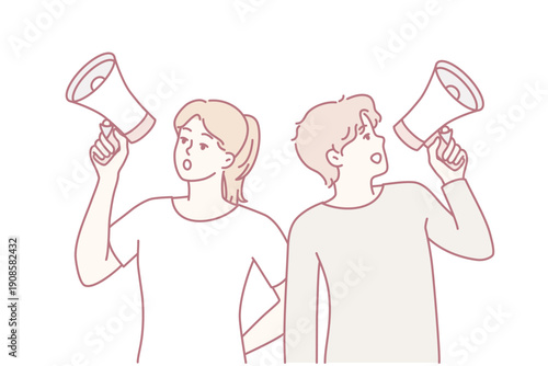 Man and woman use loudspeaker to invite everyone to event or make important announcement. Guy and girl are shouting loudly turning in different directions trying to spread word. Flat vector design