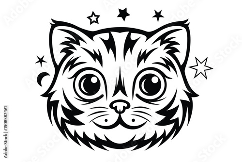 Stylized Black Cat In Spaceship Ink Illustration, Planets, Stars, HandDrawn Feel