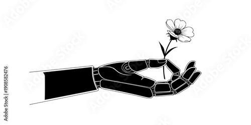Robot hand holding flower silhouette, artificial intelligence and nature harmony concept, sustainable technology and physical ai vector icon isolated on white