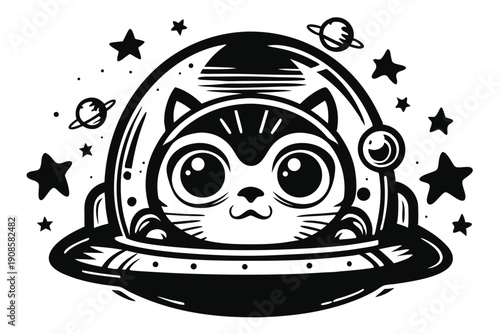 Whimsical Black & White Kitten Astronaut Amidst Planets, Stars, Space Helmet Art