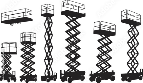 Silhouette set of scissor lifts and aerial work platforms in different heights isolated on white background, industrial construction equipment for warehouse maintenance and building work.