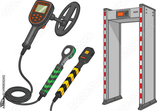 Professional security metal detector set featuring walk through gate scanner handheld wands and underground treasure hunting device isolated on white background.