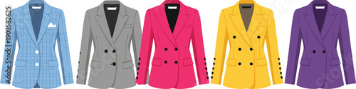 Professional women business blazer vector set featuring stylish tailored jackets in blue grey pink yellow and purple for office fashion and corporate wear.