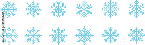 Collection of unique blue snowflakes on white background