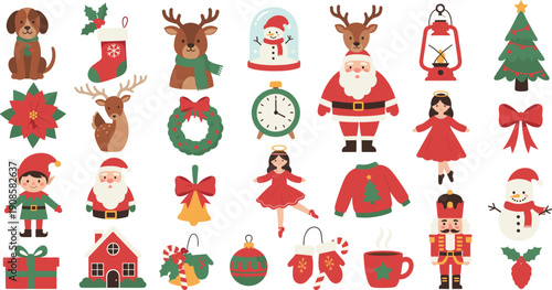 Set of flat Christmas vector icons featuring Santa Claus, reindeer, snowman, nutcracker, gingerbread house, ornaments, and winter characters for holiday greeting card design.