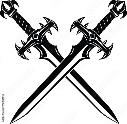 Black silhouette vector of crossed fantasy swords with ornate hilts and sharp blades isolated on white background for gaming and tattoo design,