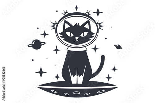 Silhouette Cat Astronaut, Stars, Planets, UFO, Minimalist Design, Outer Space Theme