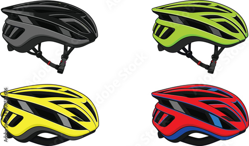 Set of professional bicycle helmet vectors in multiple colors including black green yellow and red for cycling safety mountain biking and road racing sports.