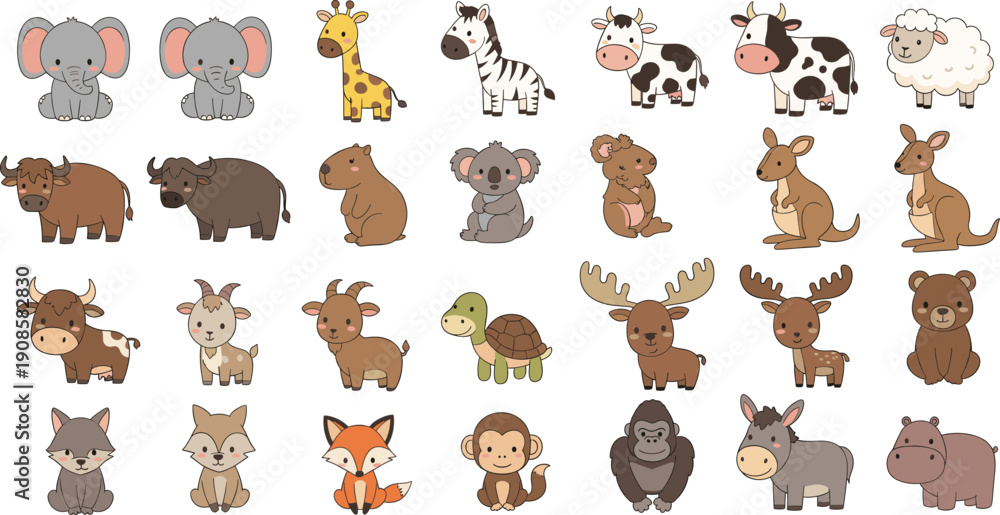 Fototapeta premium Large collection of cute cartoon animal vector icons featuring elephant, giraffe, zebra, cow, sheep, koala, kangaroo, fox, monkey, and hippo for children design.