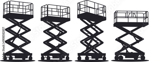 Silhouette set of scissor lifts in different positions, mobile elevating work platforms for construction and maintenance, industrial lifting equipment collection in black and white.