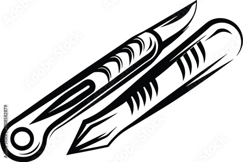 Pocket Knife Illustration, Folding Blade, Open Design, Black and White Outline, Sharp