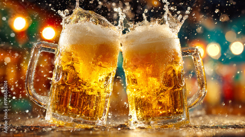 Two beer mugs clinking with splashes in a lively celebration setting