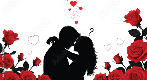 Romantic silhouette of kissing couple surrounded by red roses and floating hearts symbolizing love, passion, mystery, emotional connection and intimate relationship on clean white background