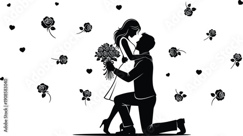 Romantic silhouette of kneeling man proposing to woman with bouquet and flying hearts symbolizing love, commitment, engagement and emotional connection on clean white background
