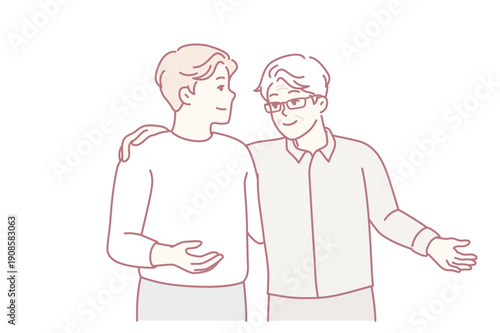 Two guys of friends slap each other on back and shoulders during joint walk or long-awaited meeting. Gray-haired elderly man is talking to young son giving wise advice. Flat vector illustration