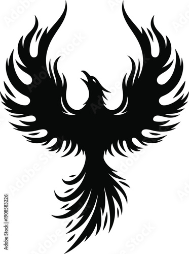 Dynamic black silhouette of a phoenix with outstretched wings, symbolizing rebirth, immortality, and fiery transformation.
