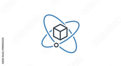 Cube in blue atom structure symbol.