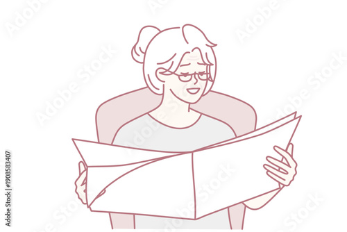 Elderly woman reads newspaper with latest news or announcements sitting in cozy home chair. Gray-haired mature lady in glasses is relaxing looking at favorite magazine. Flat vector illustration