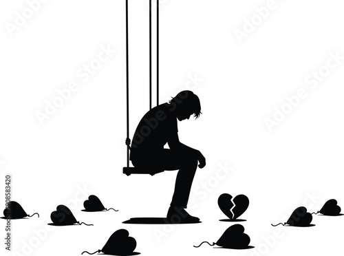 Silhouette of sad person sitting on swing surrounded by broken hearts symbolizing loneliness, heartbreak, emotional pain, depression and lost love on clean white background
