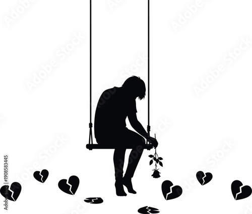Silhouette of sad woman sitting on swing holding wilted rose surrounded by broken hearts symbolizing loneliness, heartbreak, emotional pain, depression and lost love on white background