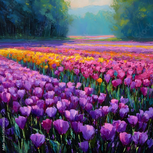 A vibrant field of colorful tulips in a serene natural landscape